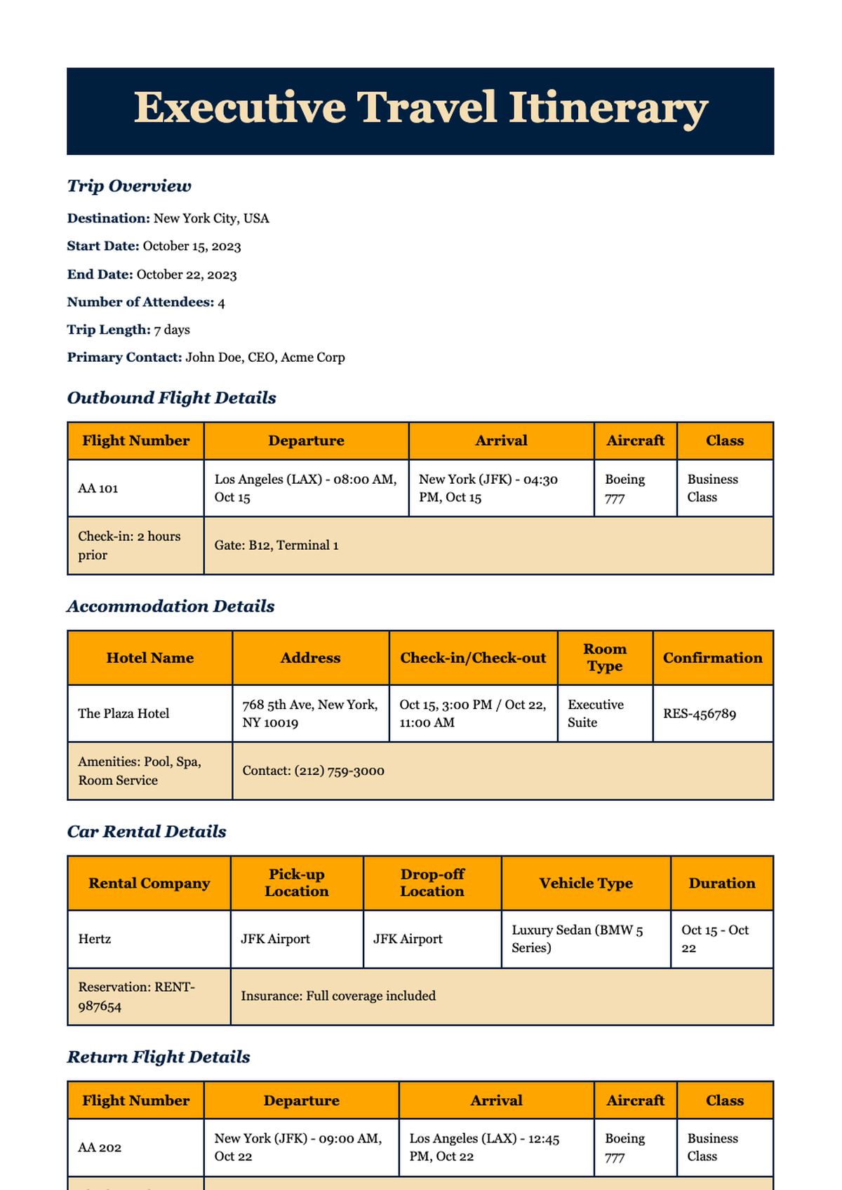 Executive travel itinerary template with flight accommodation and car rental sections_variant_3